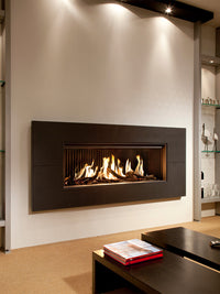 Front view of Kalfire G120/41F gas fire with wide glass window showcasing dancing flames and sleek black frame.