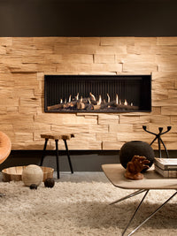 Side view of Kalfire G120/41F gas fire showcasing the sleek black frame and wide glass window with dancing flames.