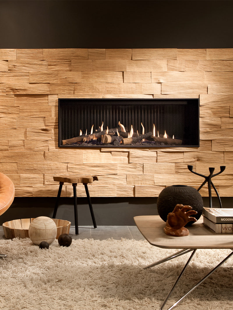 Side view of Kalfire G120/41F gas fire showcasing the sleek black frame and wide glass window with dancing flames.