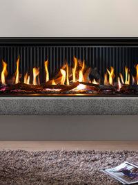 Front view of Kalfire G160/41F gas fire with large glass window showcasing realistic flames and sleek design.
