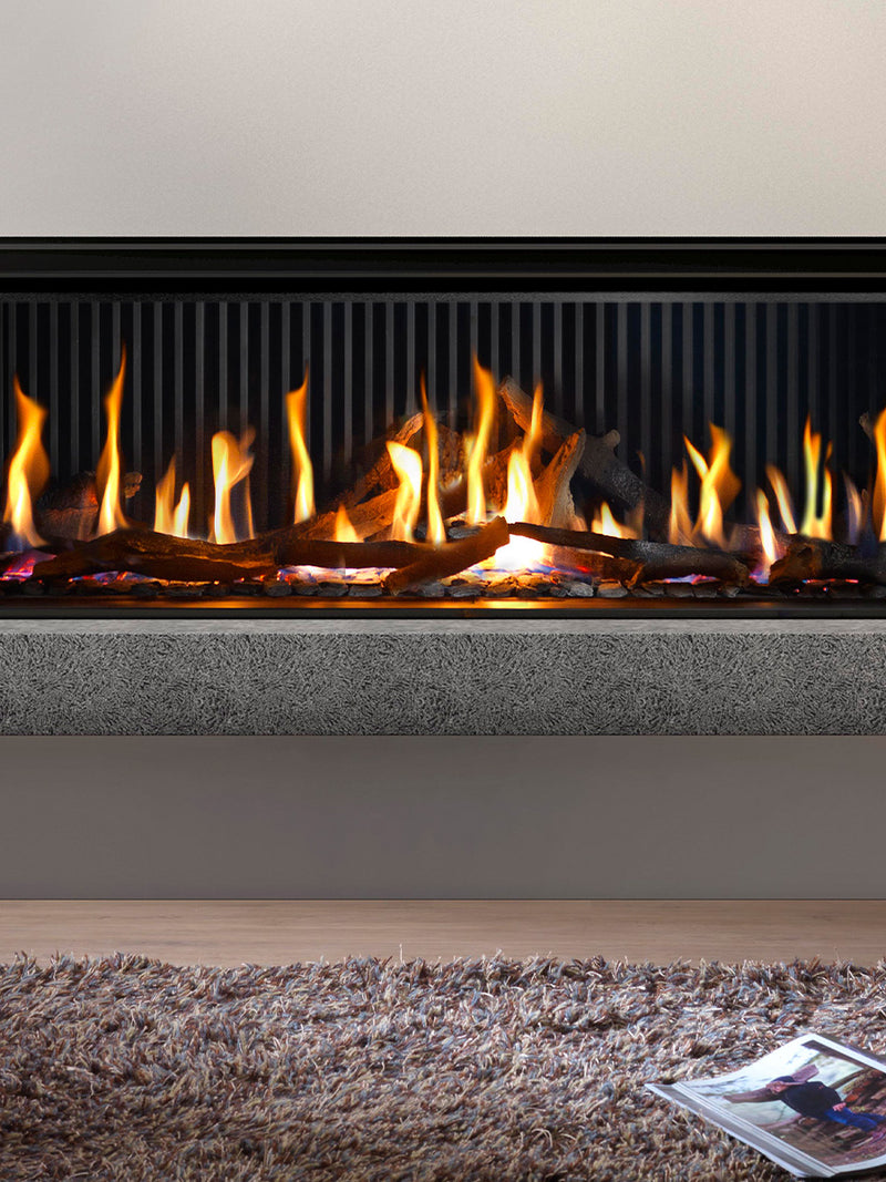 Front view of Kalfire G160/41F gas fire with large glass window showcasing realistic flames and sleek design.