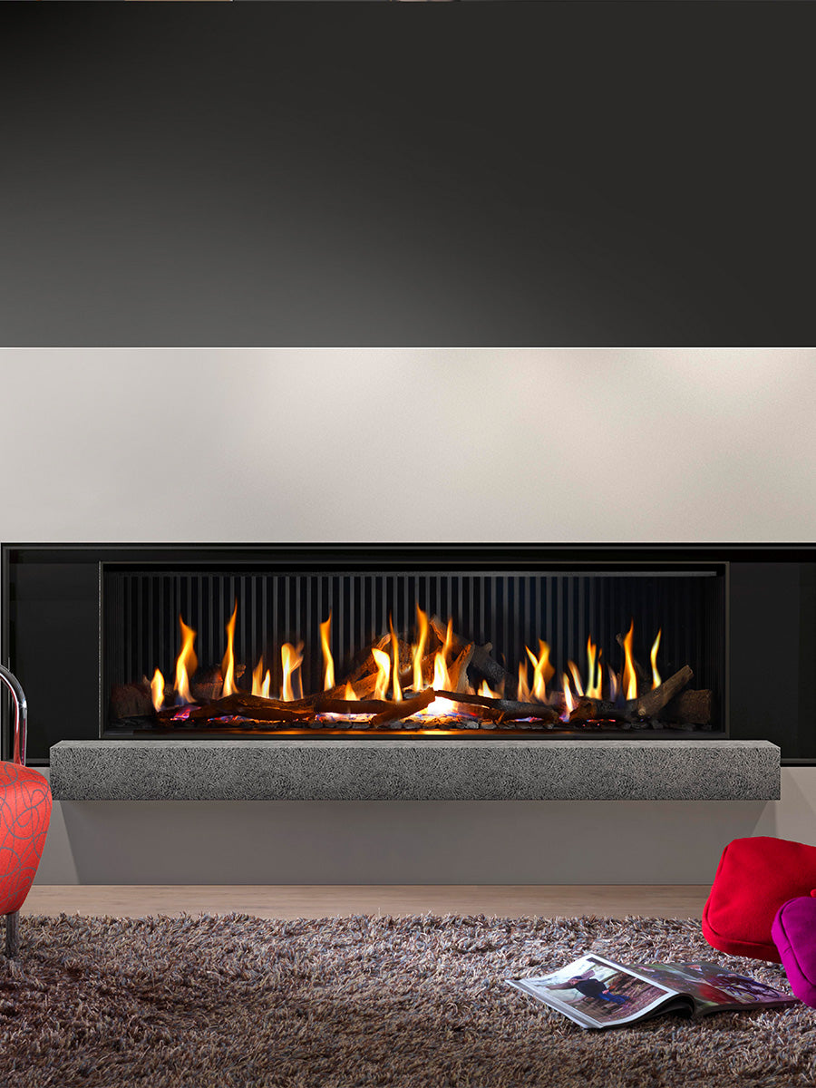 Front-facing view of the Kalfire G160/41F gas fire with a sleek black frame and large glass window showcasing realistic flames.