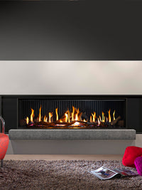 Front-facing view of the Kalfire G160/41F gas fire with a sleek black frame and large glass window showcasing realistic flames.