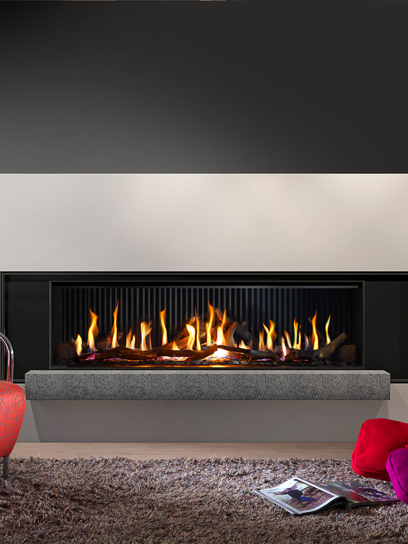 Front-facing view of the Kalfire G160/41F gas fire with a sleek black frame and large glass window showcasing realistic flames.