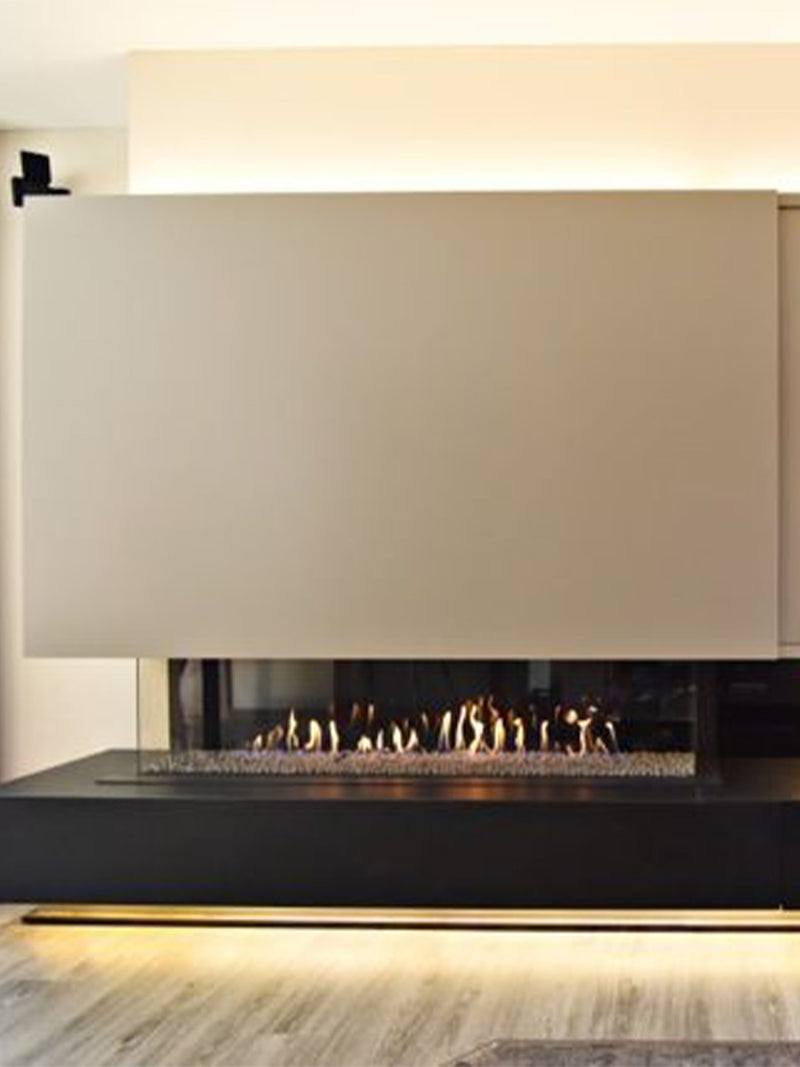 Three-sided gas fire with a large glass viewing area, showcasing dynamic flames in a sleek black frame.