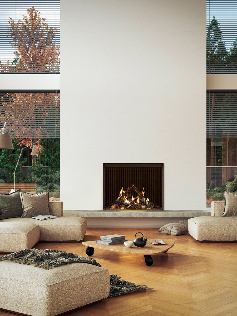 Front view of Kalfire Gi75/59F gas fireplace with sleek black frame and large glass window showcasing efficient flames.