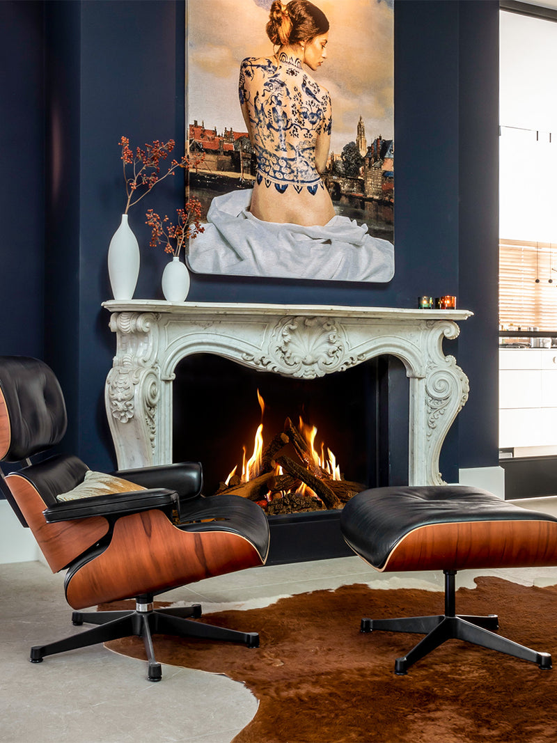 Front view of Kalfire GP105/59F gas fire with a wide glass window and sleek black frame, showcasing its flame presence.