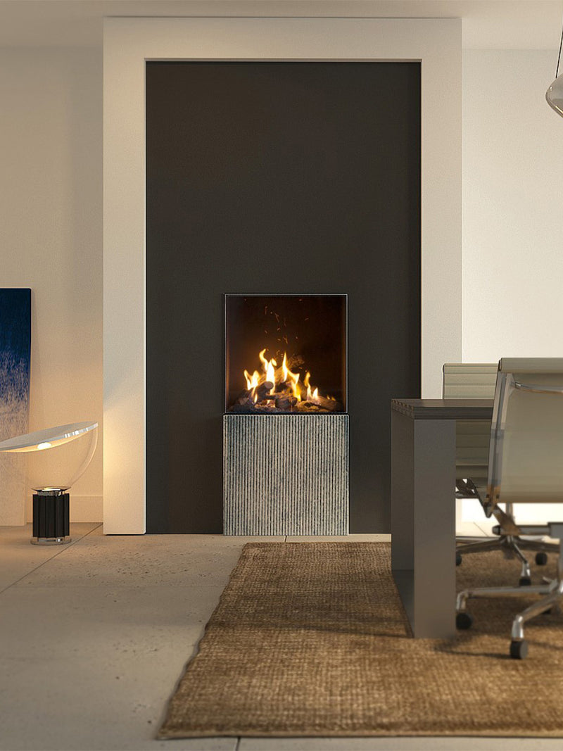 Front view of Kalfire GP60/59F gas fire with a sleek black frame and large glass window showcasing realistic flames.