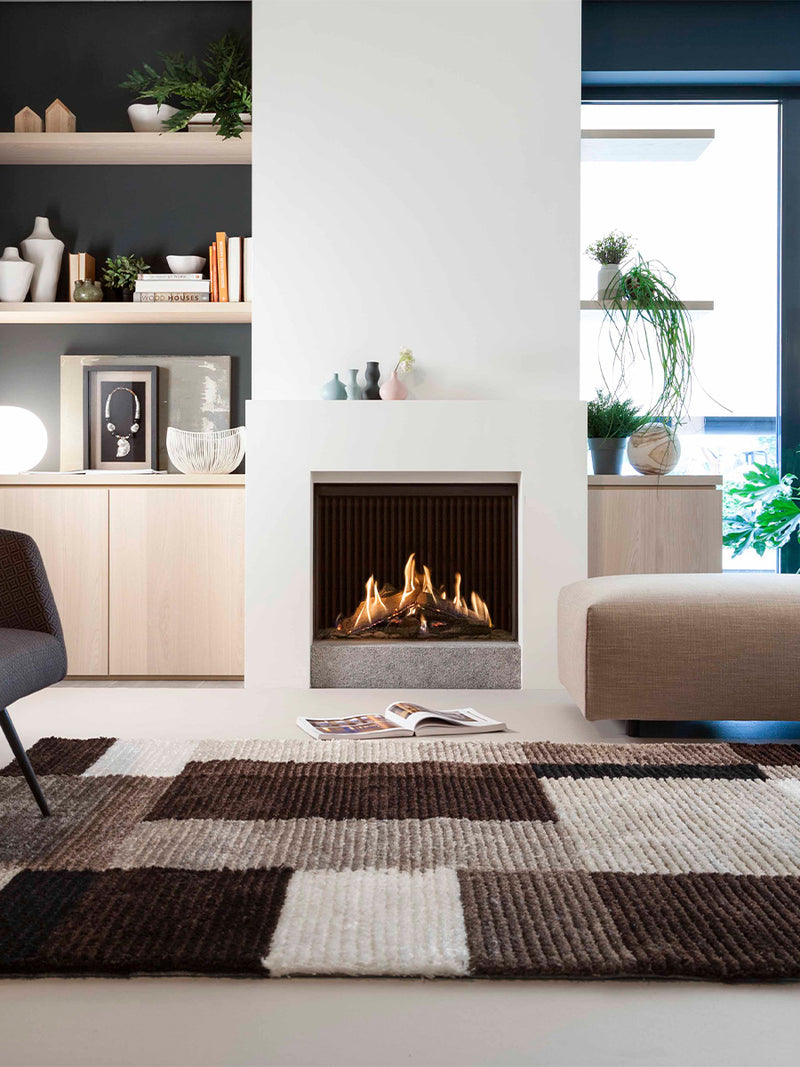 Front view of Kalfire GP75/59F gas fire with a sleek black frame and large glass window showcasing the flame.