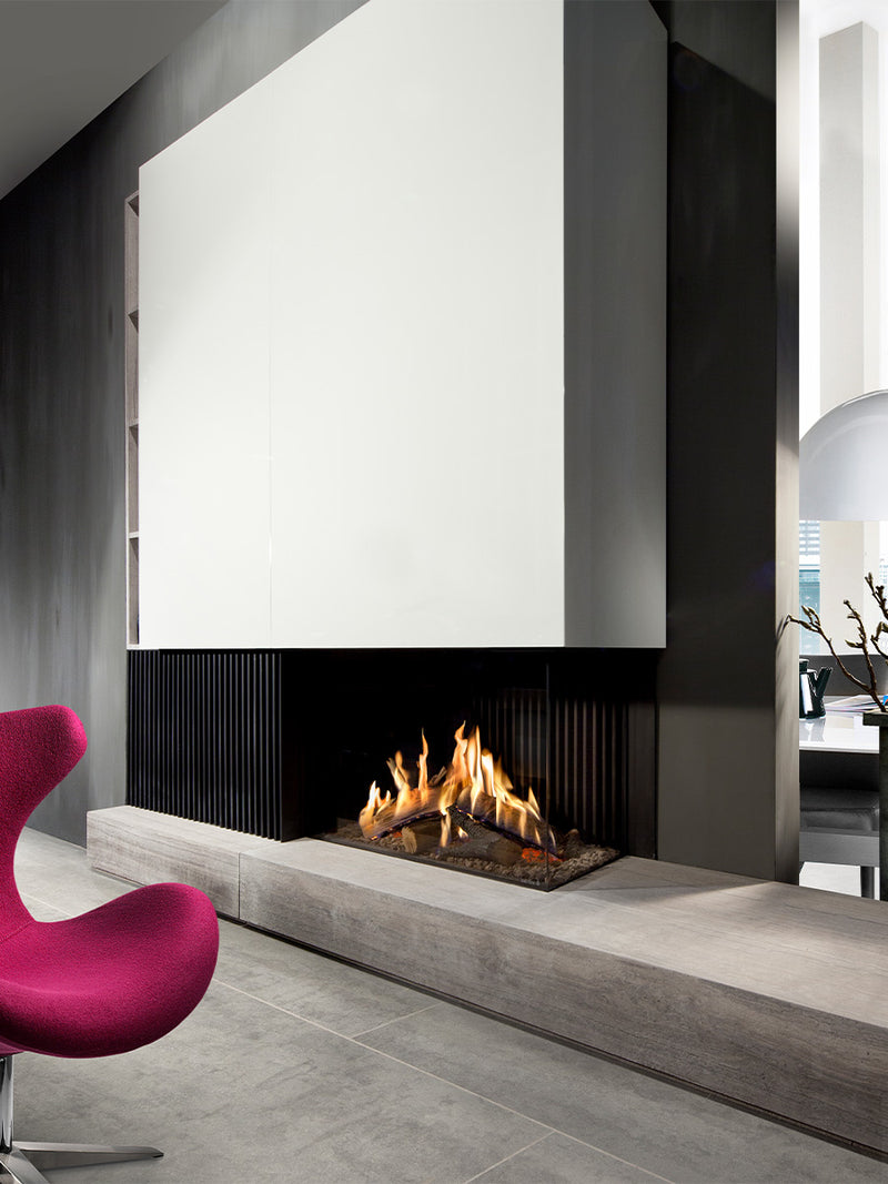 Side view of Kalfire GP80/55C gas fire in sleek black finish, showcasing corner installation and high flames.