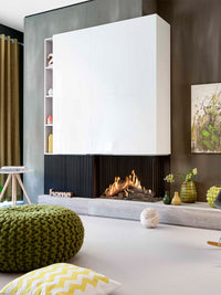 Corner view of Kalfire GP80/55C gas fire with sleek black frame, showcasing high flames and glass panel design.
