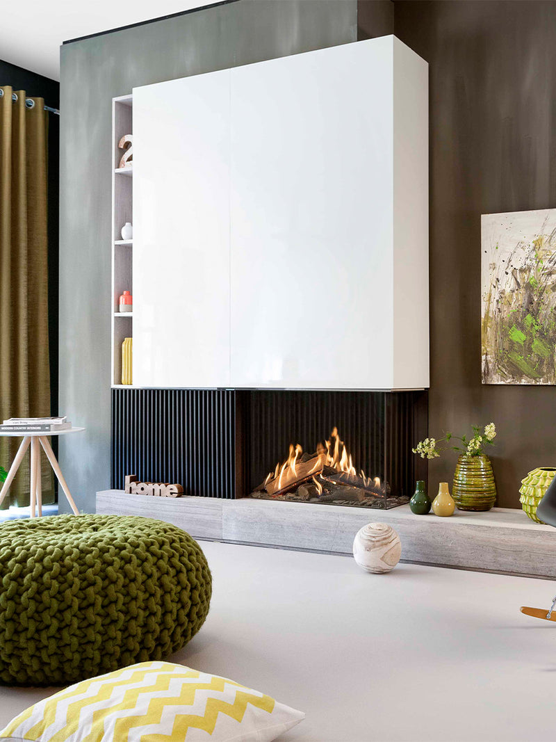 Corner view of Kalfire GP80/55C gas fire with sleek black frame, showcasing high flames and glass panel design.