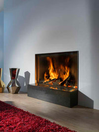 Front view of Kalfire W100/61F log burner fireplace with frameless curved glass and wood-burning design.
