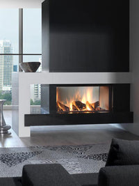 Front view of Kalfire W105/47F log burner fireplace with large glass panel and sleek black finish, showcasing modern design.