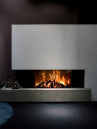 Front view of Kalfire W105/47F log burner fireplace with large glass panel and sleek black finish, showcasing flames.