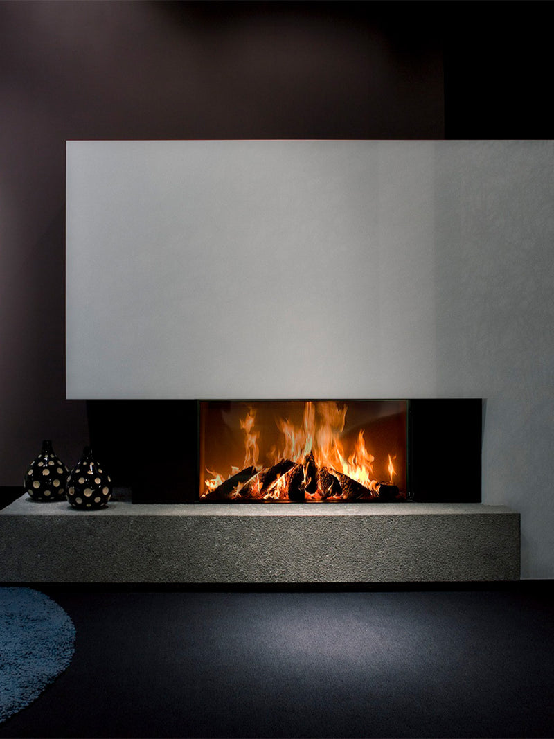Front view of Kalfire W105/47F log burner fireplace with large glass panel and sleek black finish, showcasing flames.