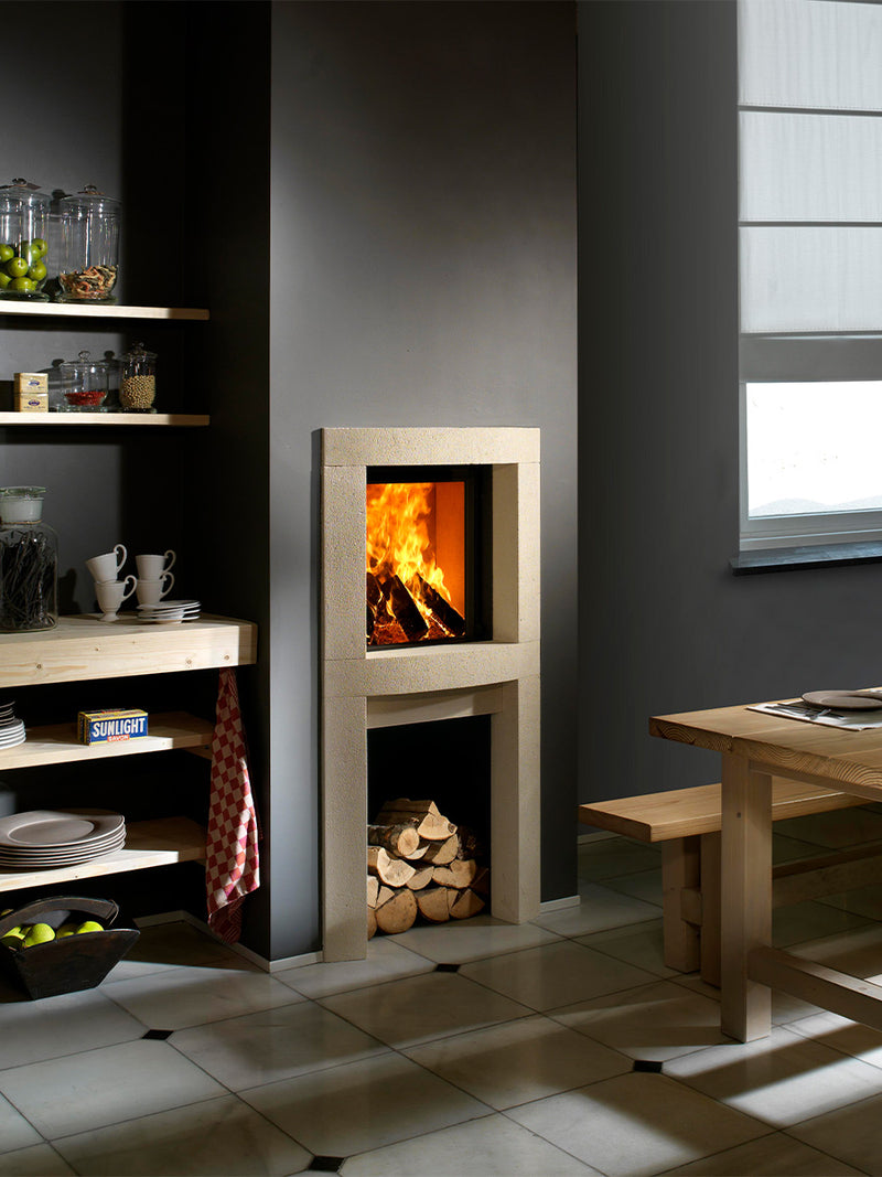 Front view of Kalfire W45/48F log burner fireplace with frameless curved glass and sleek black finish.
