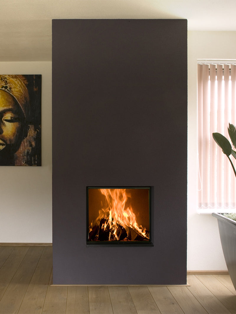 Front view of Kalfire W60/51F log burner fireplace with sleek glass door and modern design in a cozy living room setting.