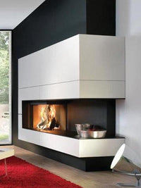 Side view of Kalfire W65/38C corner wood burner fireplace with curved ceramic glass and sleek black finish.