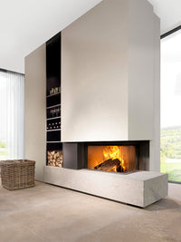 Compact corner wood burner with curved ceramic glass, showcasing sleek design and efficient heating in a stylish setting.