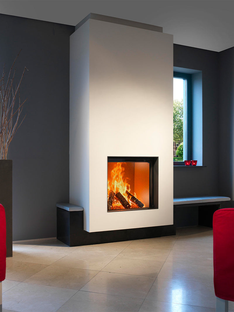 Front view of the Kalfire W71/62F log burner fireplace with large glass panel and sleek black finish.