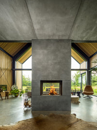 Kalfire W80/52T tunnel wood burner fireplace with frameless glass, showcasing a modern design and dual viewing sides.