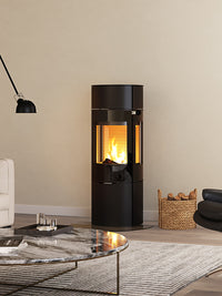 Side view of the RAIS Caro 130 wood burning stove with a glass door, showcasing its elegant design and swivel base.