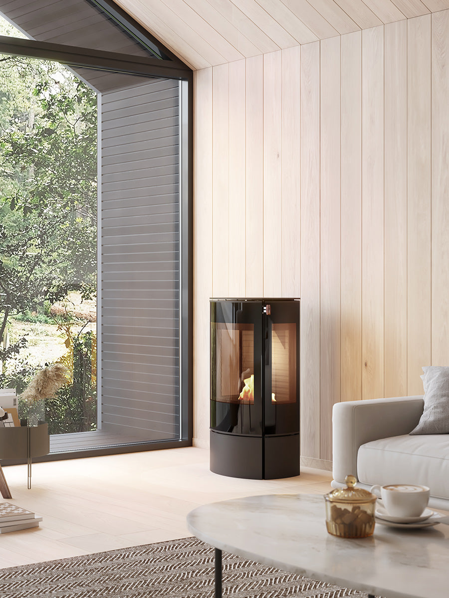 Compact RAIS Caro 90 bioethanol fireplace with glass door, featuring a sleek rounded design in black and stainless steel.