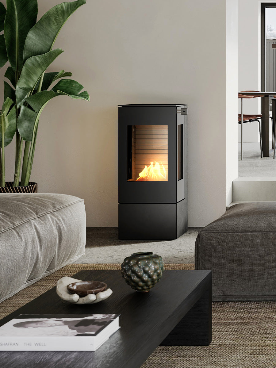 Compact RAIS Nexo 100 bioethanol fireplace with a sleek steel door, featuring a cubic design and sharp lines.