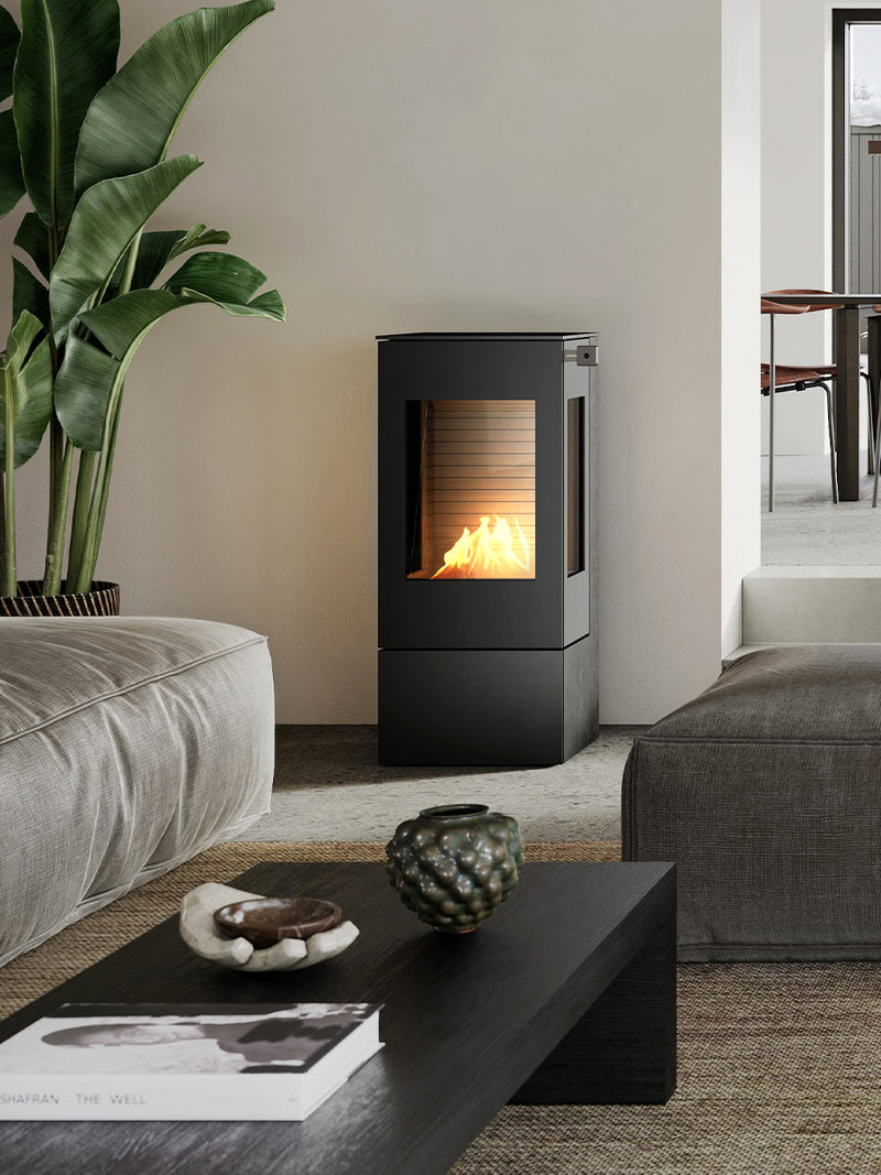 Compact RAIS Nexo 100 bioethanol fireplace with a sleek steel door, featuring a cubic design and sharp lines.