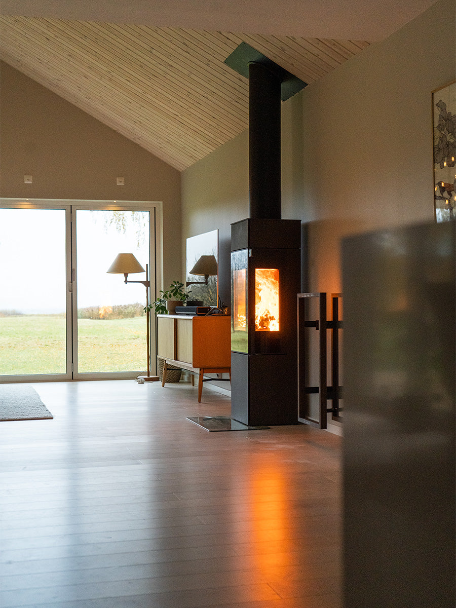 Side view of the RAIS Nexo 120 wood burning stove with a glass door, showcasing its sleek design and large glass panes.