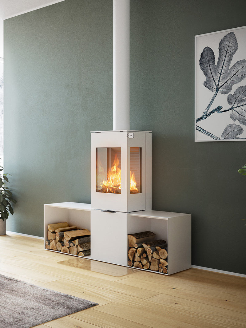 Elegant RAIS Nexo 120 wood burning stove with glass door, showcasing smooth surfaces and large glass panes.