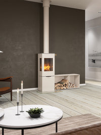 Side view of RAIS Nexo 120 wood burning stove with glass door, showcasing sleek design and large glass panes.