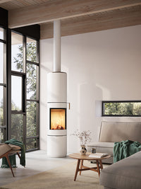 Side view of the RAIS PILAR wood-burning stove showcasing its sleek design and panoramic glass for flame visibility.