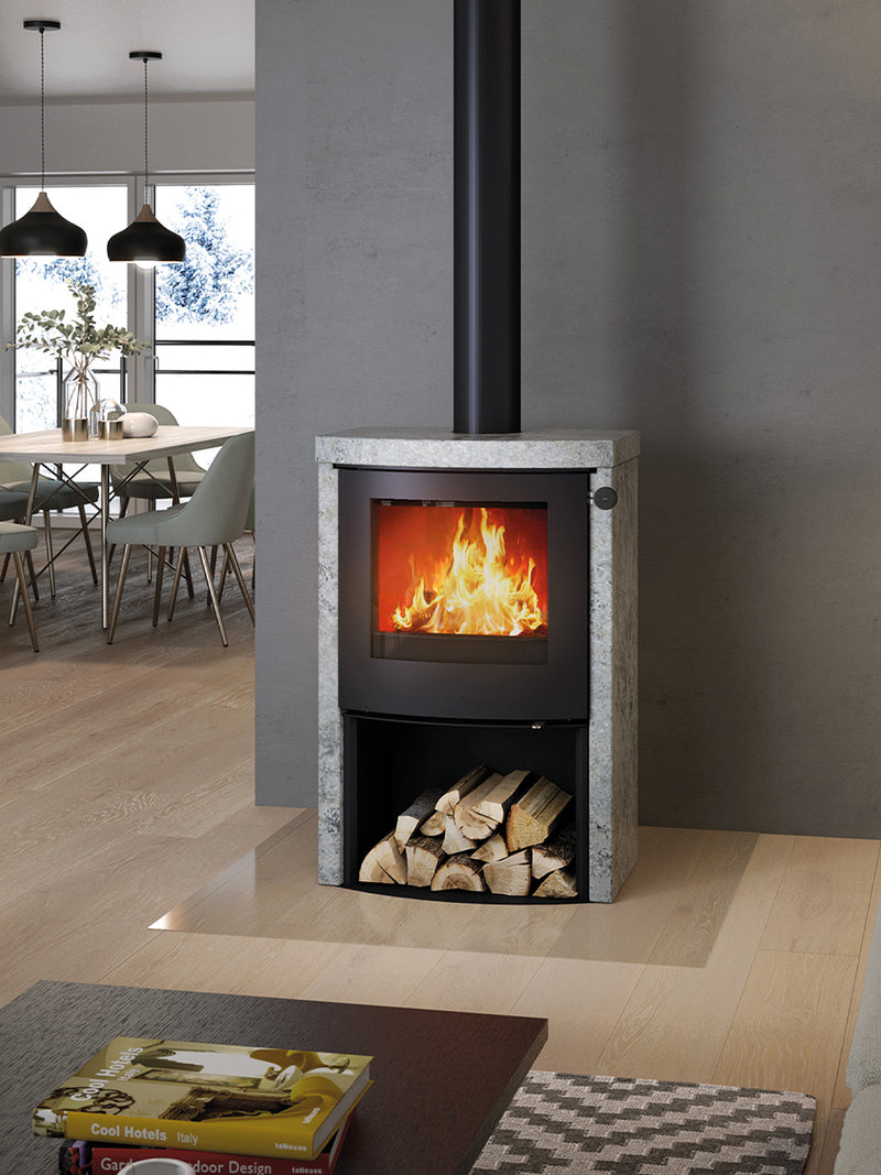 Elegant round RAIS Q-Tee 2 C wood burning stove with wide glass door, showcasing flames and customizable handle options.