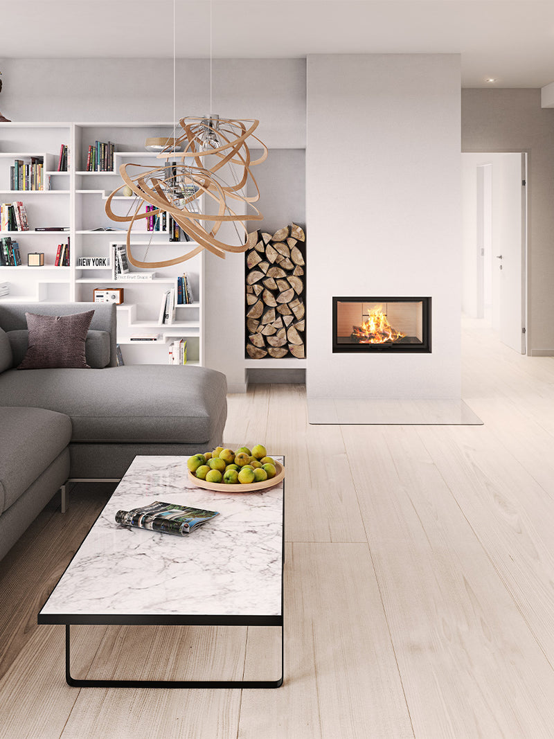 Front view of RAIS Visio 1 wood burning stove with black frame and large glass pane showcasing flickering flames.