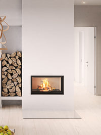 Front view of RAIS Visio 1 wood burning stove with black frame and large glass pane showcasing flickering flames.