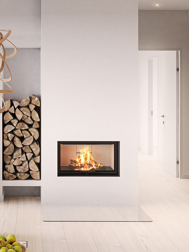 Front view of RAIS Visio 1 wood burning stove with black frame and large glass pane showcasing flickering flames.