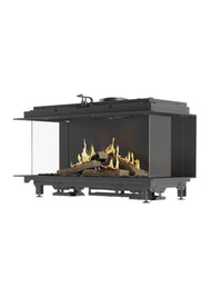 Side view of RAIS Visio 100 3S gas fireplace insert with three-sided glass and black frame, showcasing its sleek design.