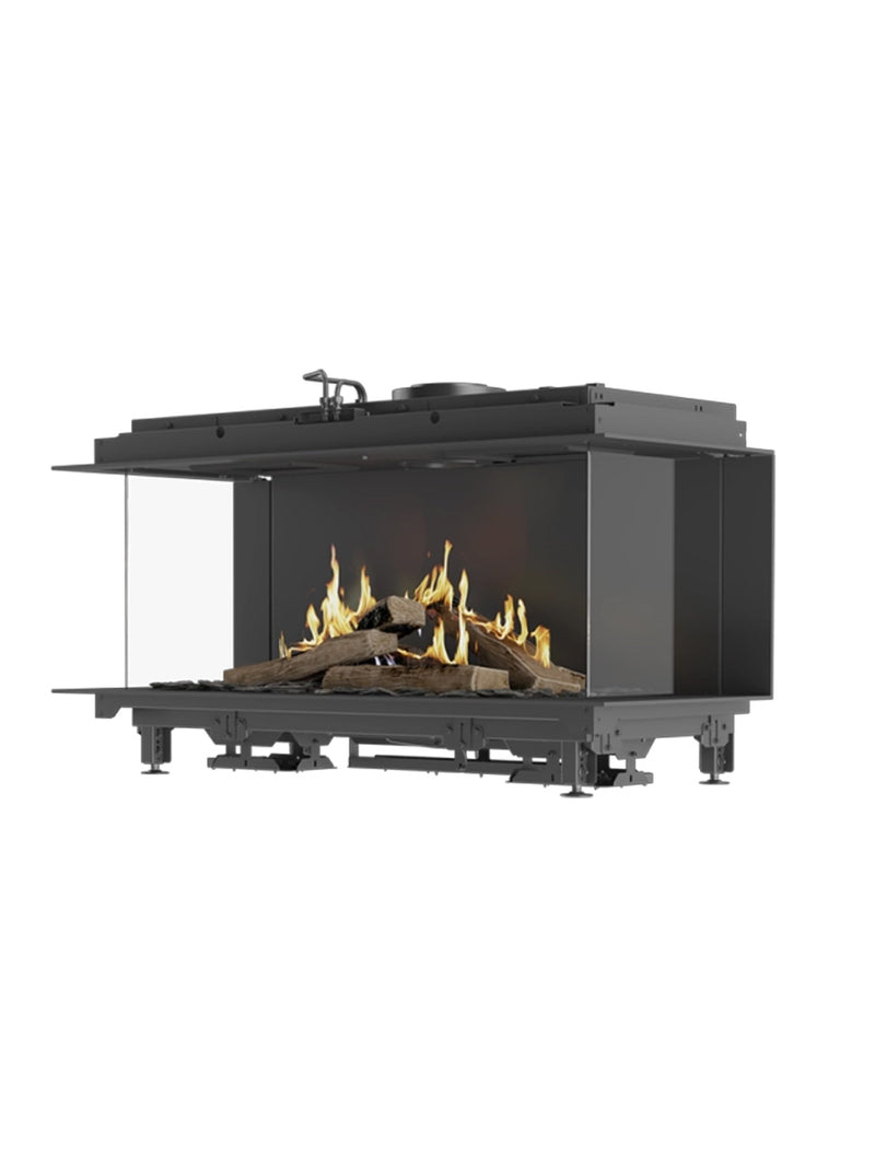 Side view of RAIS Visio 100 3S gas fireplace insert with three-sided glass and black frame, showcasing its sleek design.