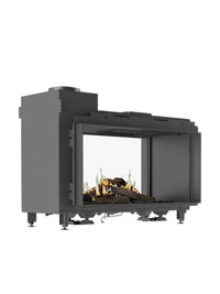 Side view of RAIS Visio 100 T gas fireplace insert tunnel in black frame, showcasing flames visible from both rooms.
