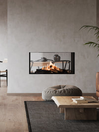 Elegant RAIS Visio 100 T gas fireplace insert tunnel in black frame, showcasing flames visible from both rooms.