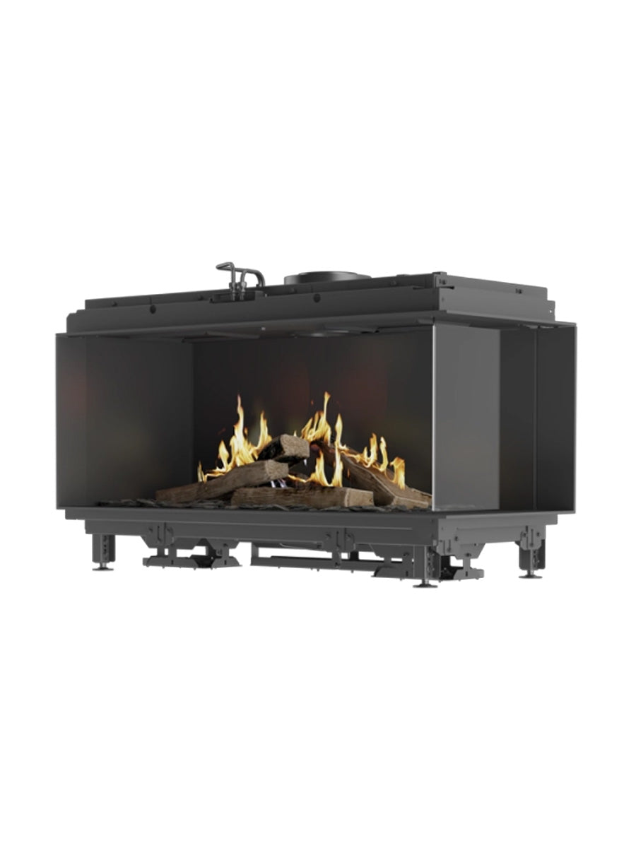 Corner gas fireplace insert with glass on two sides, black frame, showcasing a panoramic fire view.