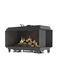Corner gas fireplace insert with glass on two sides, black frame, showcasing a panoramic fire view.