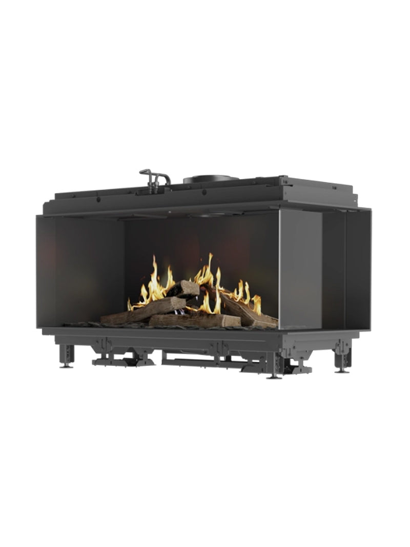 Corner gas fireplace insert with glass on two sides, black frame, showcasing a panoramic fire view.