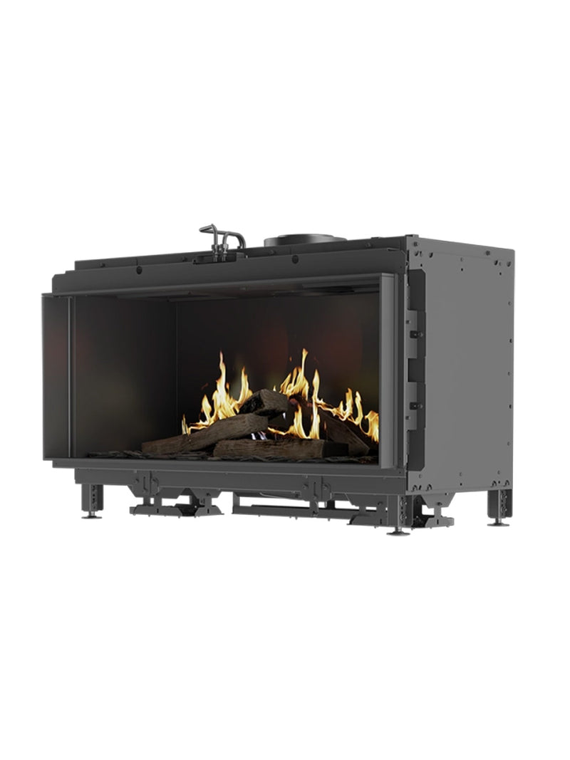 Front view of RAIS Visio 100 F gas fireplace insert with non-reflective glass and sleek black frame, showcasing flames.