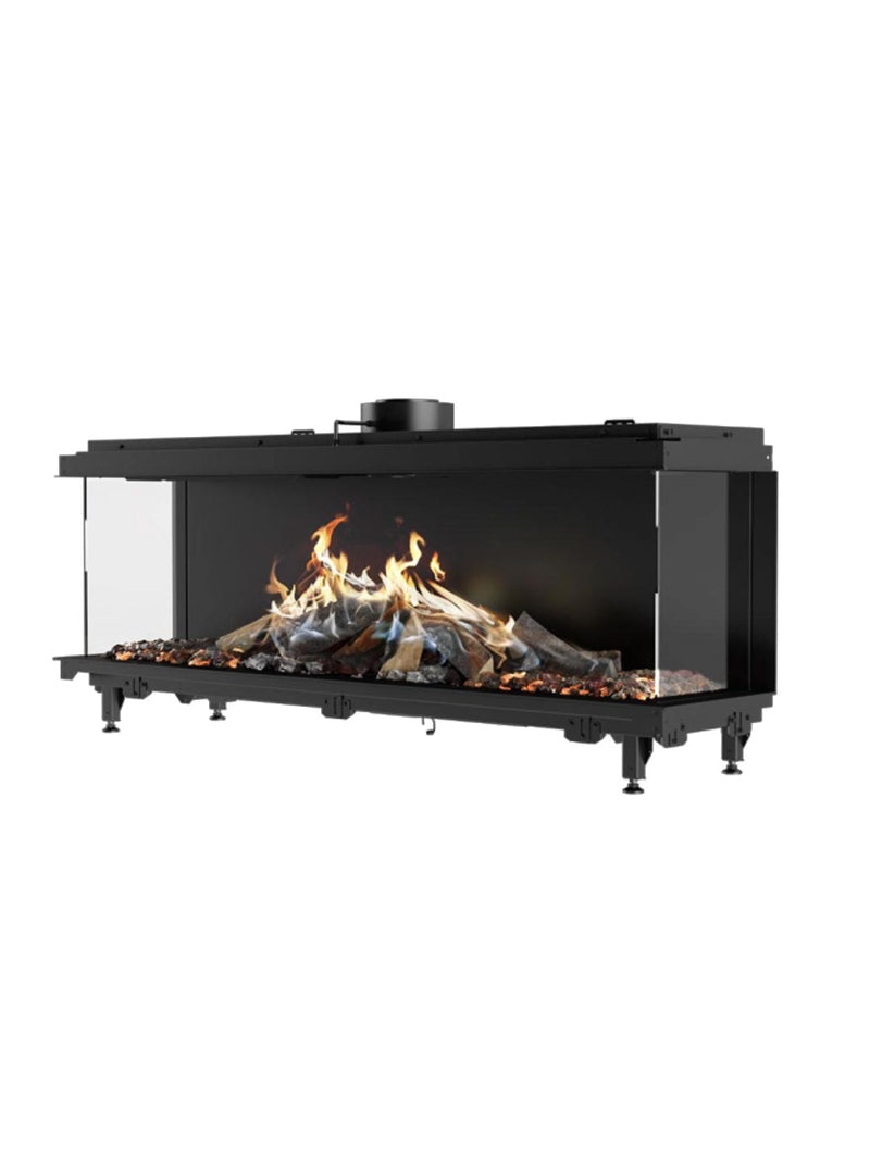 Side view of RAIS Visio 160 3S gas fireplace insert with three glass sides and a sleek black steel frame.