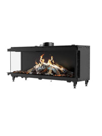 Side view of RAIS Visio 160 C gas fireplace insert with black frame, showcasing large glass pane and realistic flames.