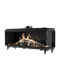 Side view of RAIS Visio 160 C gas fireplace insert corner with large glass pane and black frame, showcasing natural flames.