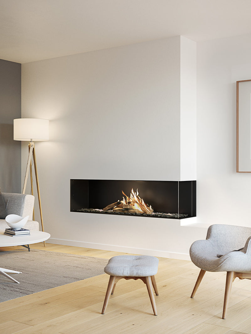Large corner gas fireplace insert with glass on two sides, featuring a black frame and realistic flames.